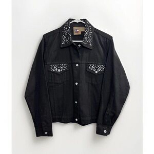 Vintage 90’s Don't Mess With Texas Black Rhinestone Embellished‎ Denim Jacket M